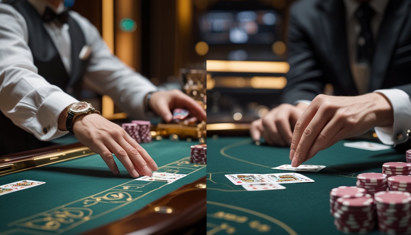 Meja baccarat di kasino dengan dealer membagikan kartu secara klasik di satu sisi dan pemain sedang membuka kartu perlahan di sisi lain.