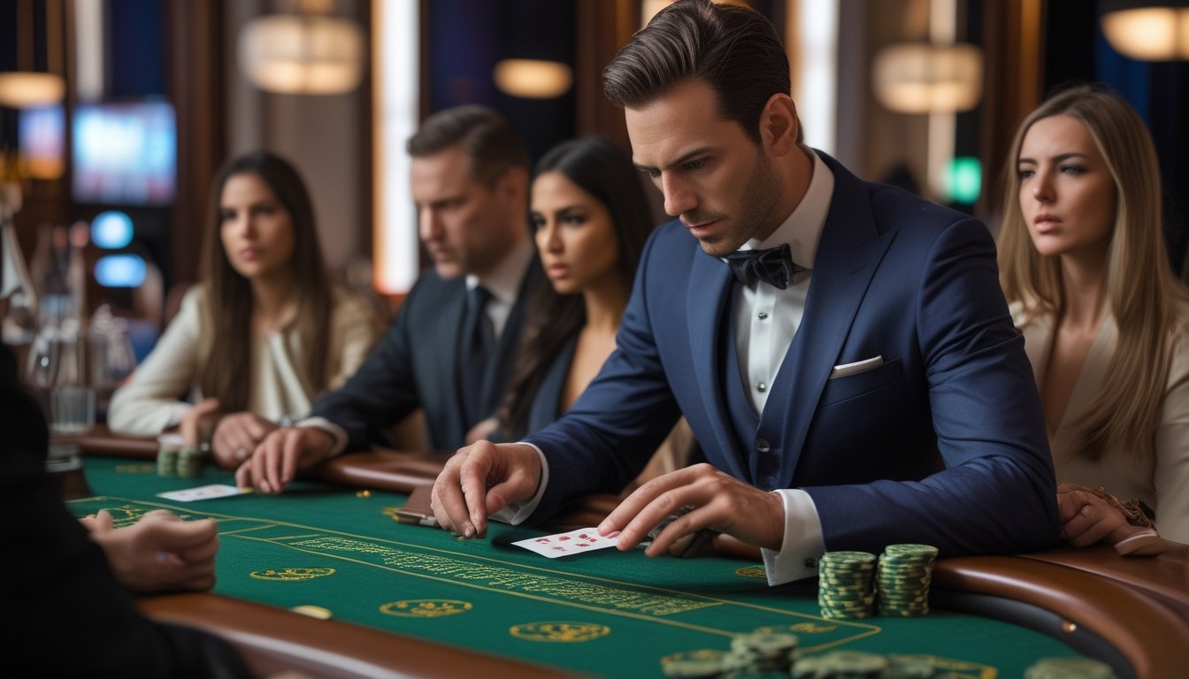 Seorang pemain berpakaian rapi sedang membuka kartu di meja Baccarat di kasino dengan suasana tegang dan fokus.