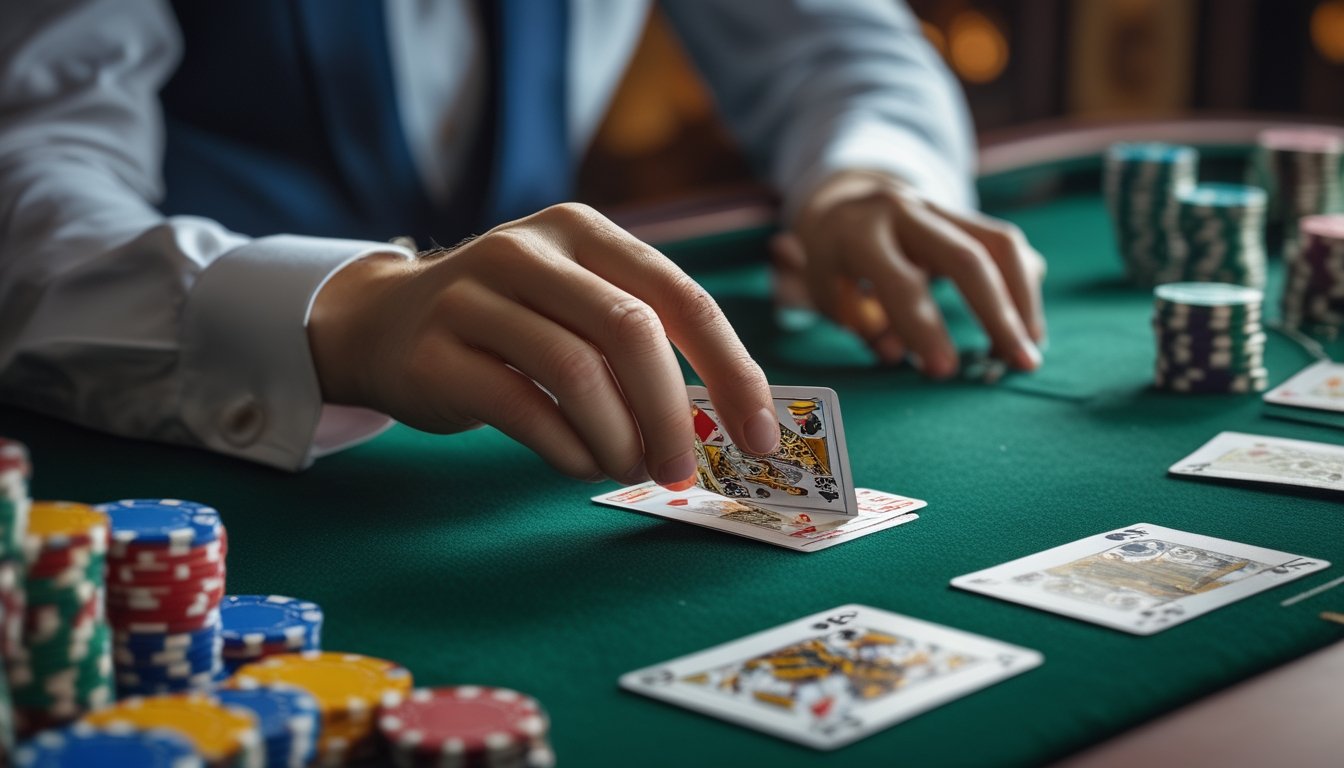 Tangan pemain sedang membuka perlahan sudut kartu di meja Baccarat dengan tumpukan chip dan kartu lainnya di sekitarnya.