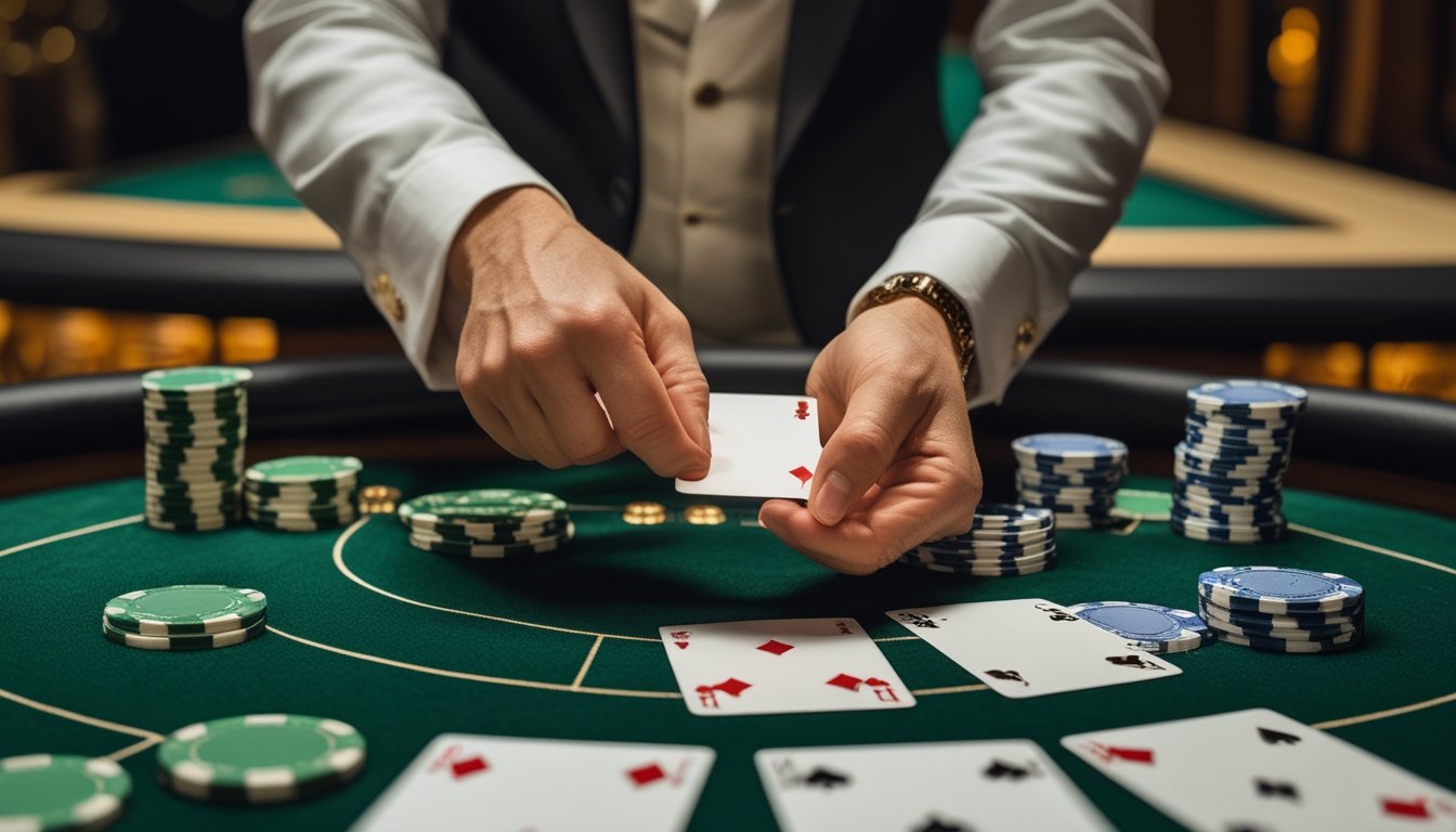 Seorang dealer baccarat dengan pakaian rapi sedang melakukan teknik squeeze kartu di meja kasino dengan kartu dan chip tertata rapi.