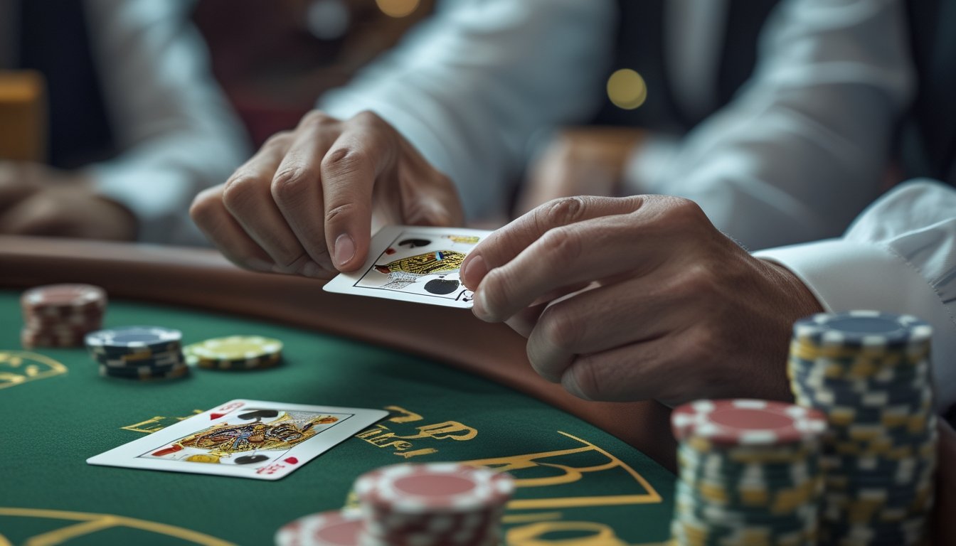 Tangan pemain sedang melakukan teknik squeeze kartu pada permainan baccarat di meja kasino dengan kartu dan chip terlihat.