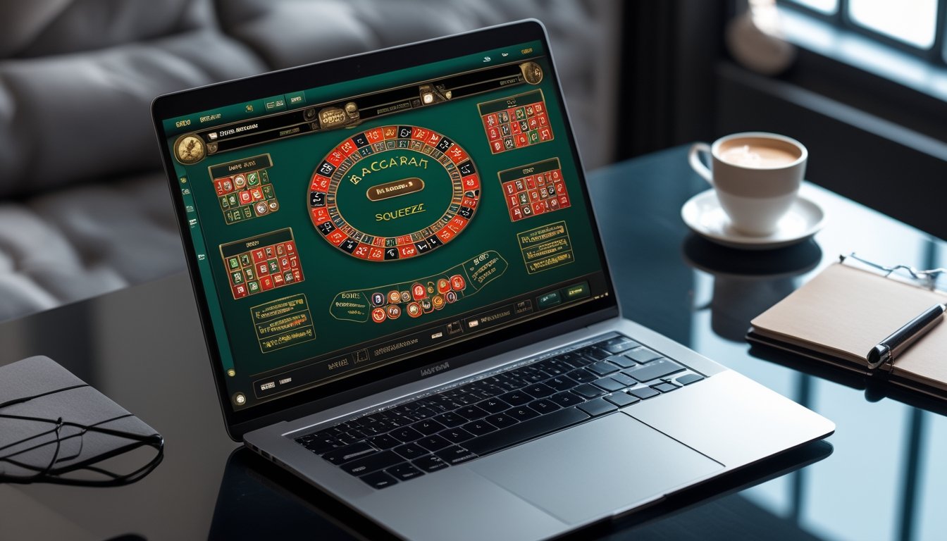 Seorang pemain menggunakan laptop dengan tampilan permainan Baccarat Squeeze di layar dalam ruangan yang terang dan rapi.