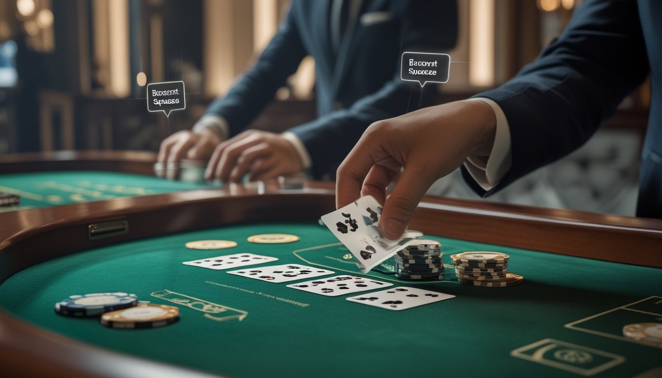 Tangan sedang membuka kartu baccarat secara perlahan di layar komputer dengan latar belakang suasana kasino online.