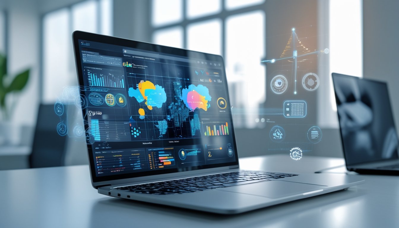 Seorang profesional menggunakan laptop dengan tampilan dashboard digital yang menampilkan grafik dan data, di ruang kantor modern.