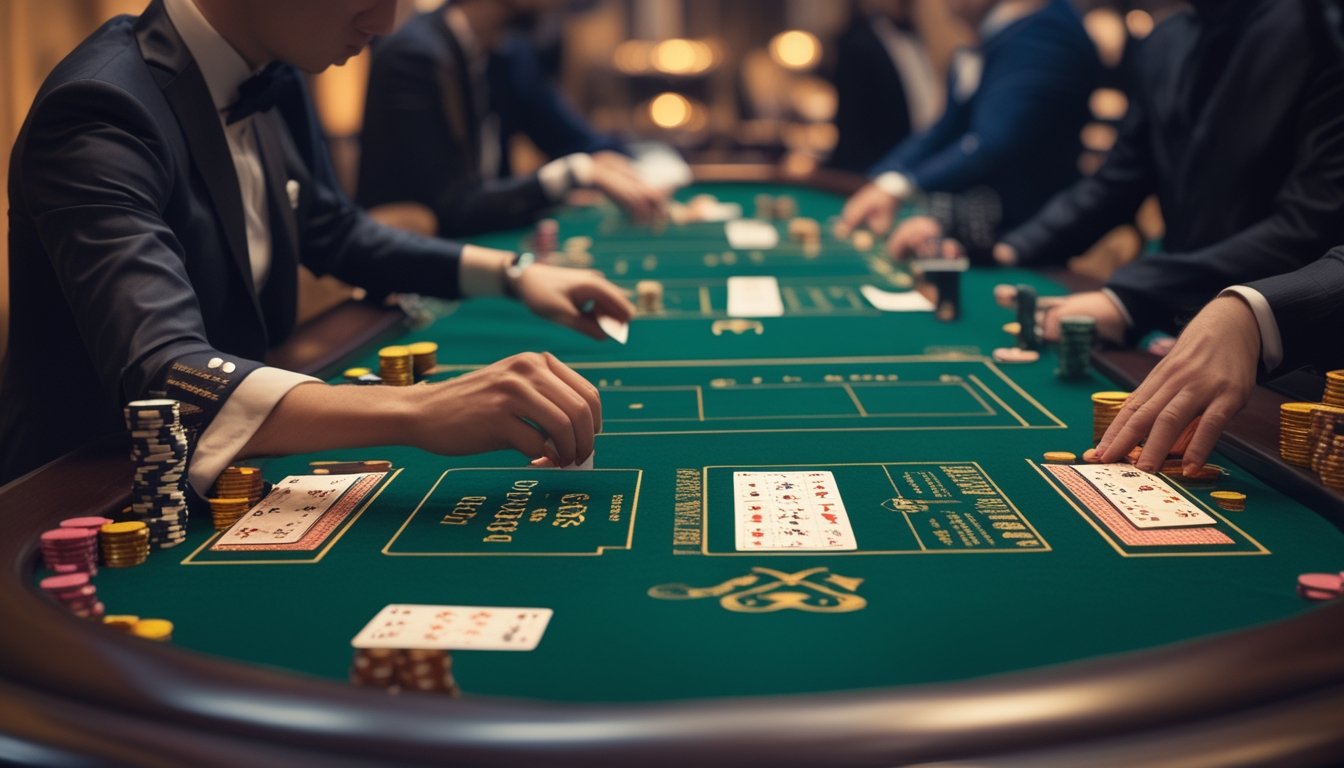 Meja Baccarat di kasino dengan dua pemain, satu sedang membuka kartu perlahan-lahan dan satu lagi membuka kartu secara biasa.