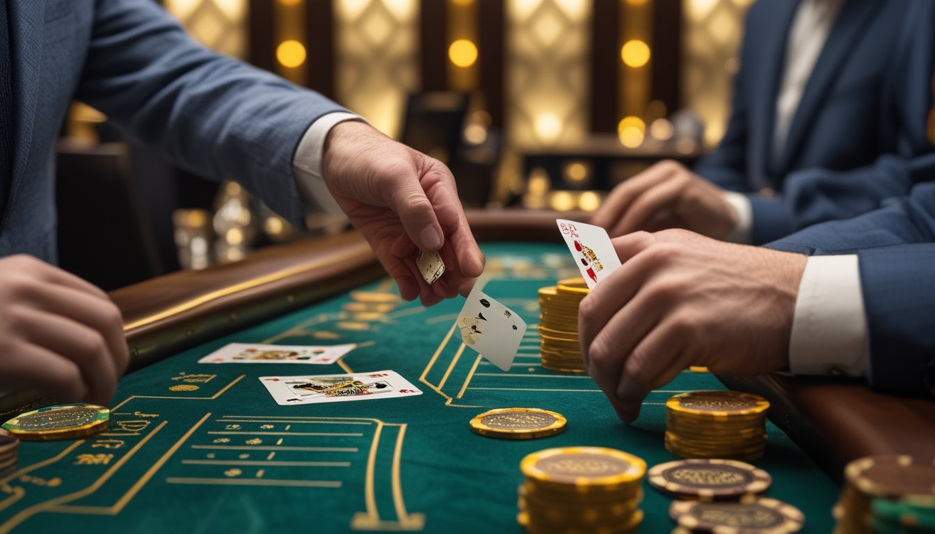 Suasana meja baccarat di kasino dengan dua pemain, satu sedang membuka kartu dengan cara perlahan dan satu lagi membuka kartu secara biasa.