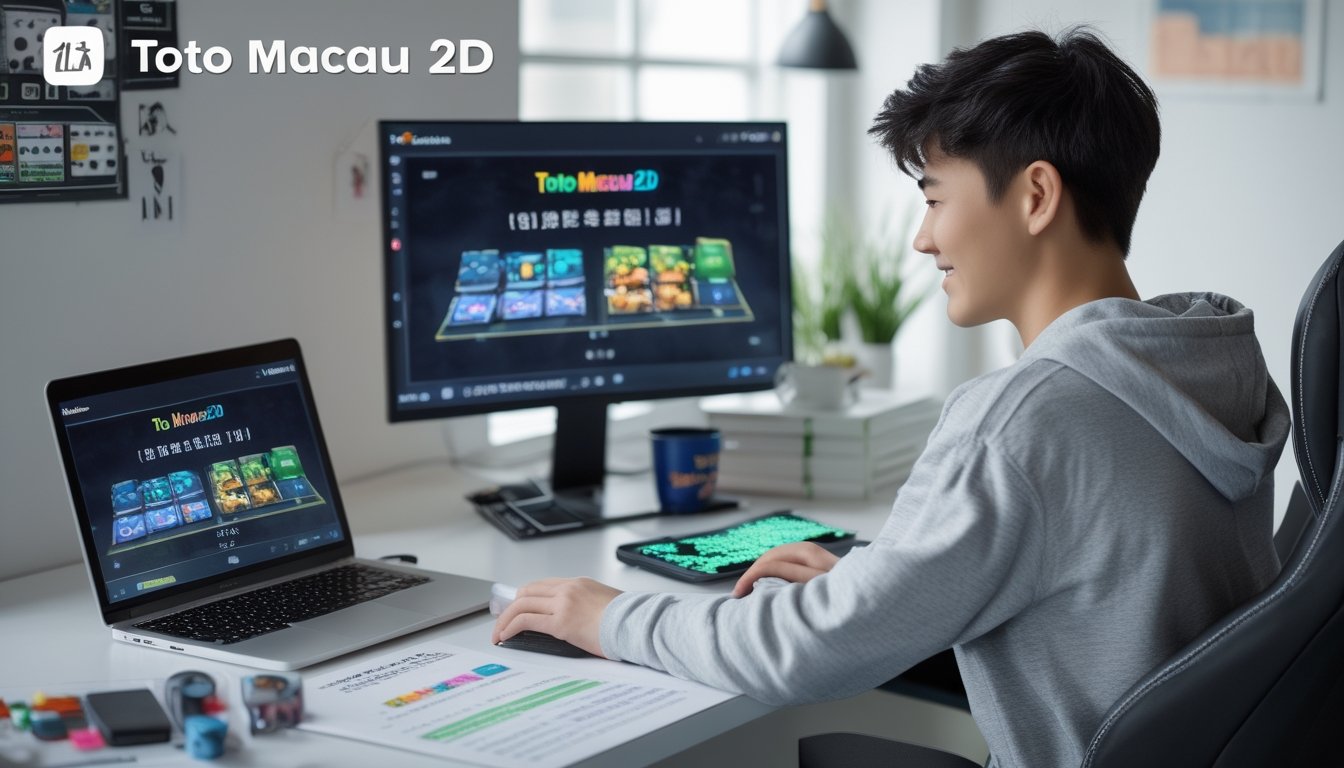 Seorang pemula sedang belajar bermain Toto Macau 2D dengan laptop dan panduan di meja yang rapi di ruangan yang terang.