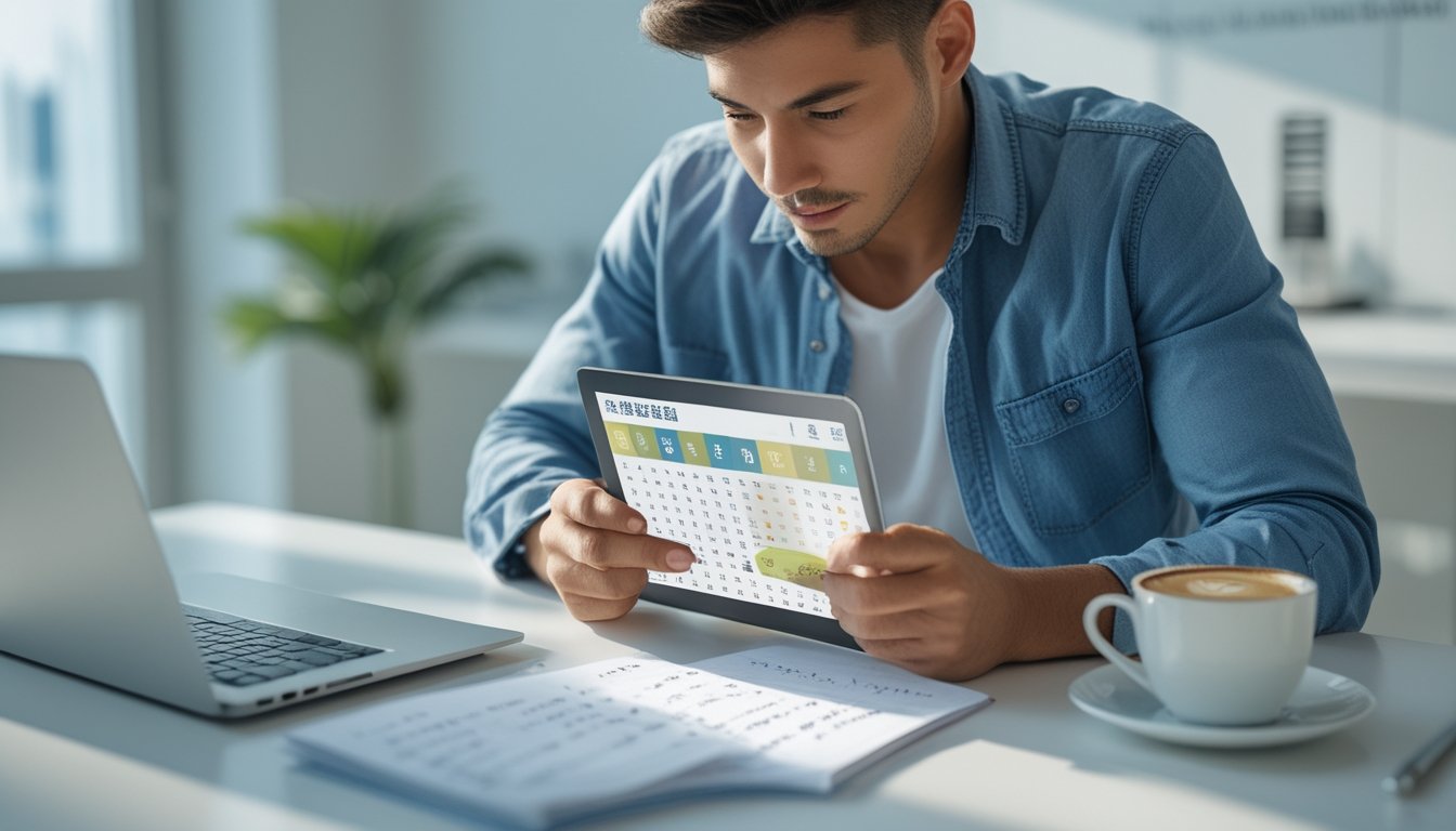 Seorang individu sedang fokus menganalisis angka togel menggunakan tablet di meja kerja yang rapi dengan laptop dan catatan.
