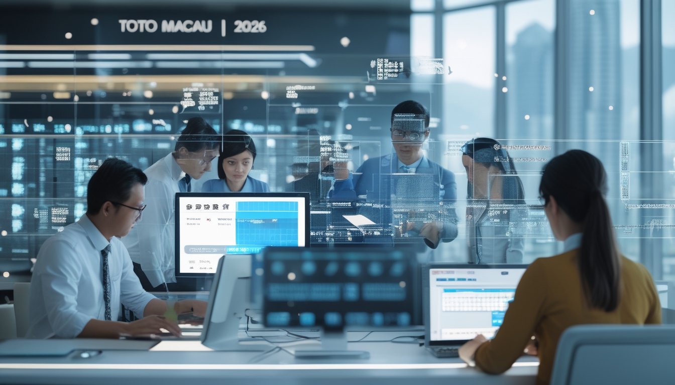 Sekelompok profesional sedang menganalisis data lotere di kantor modern dengan layar digital dan pemandangan kota Macau di latar belakang.