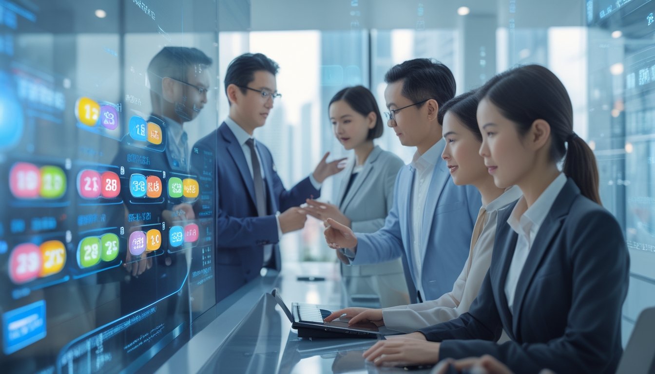 Beberapa orang sedang melihat dan berinteraksi dengan layar digital yang menampilkan angka dan grafik lotre di sebuah kantor modern dengan latar belakang kota Macau.