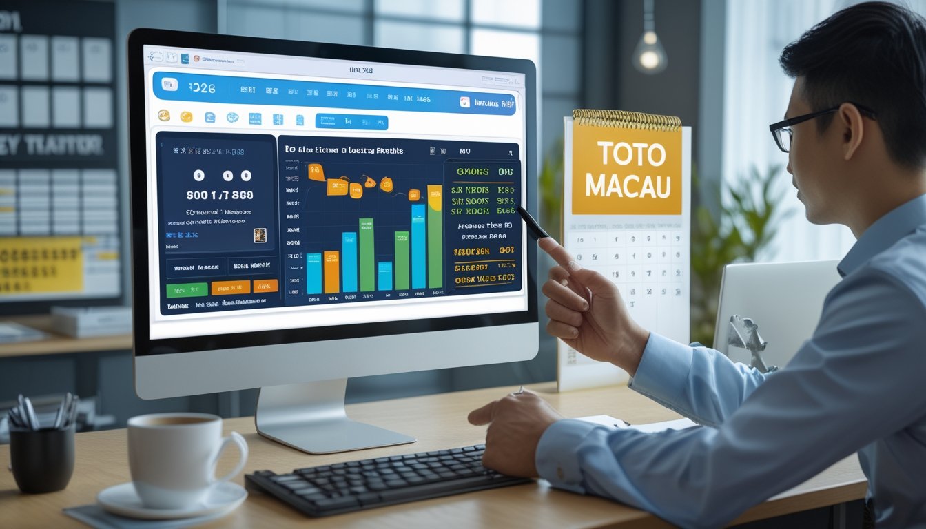 Seorang profesional menunjuk layar komputer yang menampilkan data hasil keluaran lotere Toto Macau terbaru di sebuah kantor modern.