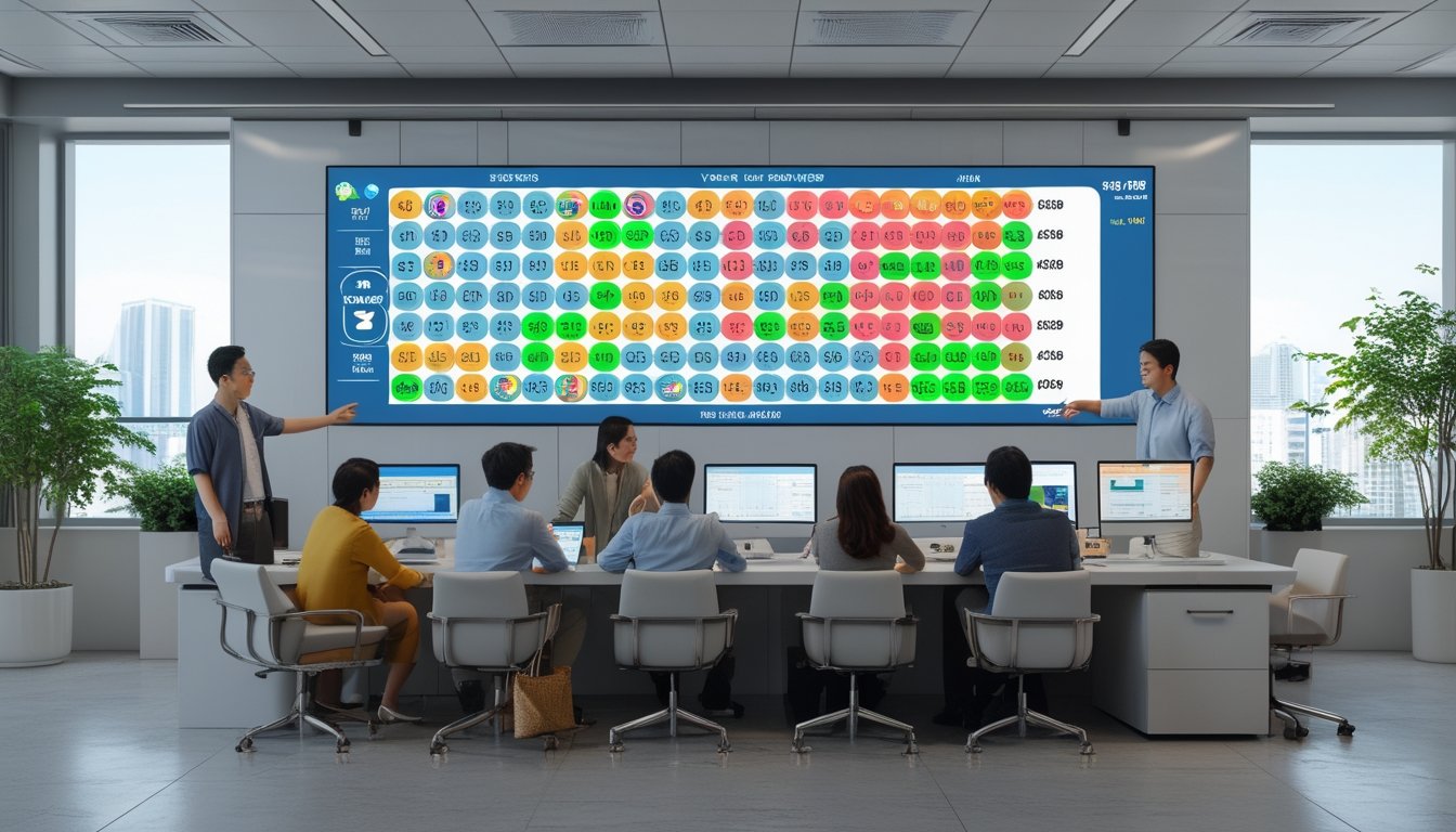 Beberapa orang sedang berkumpul di kantor modern melihat layar digital yang menampilkan hasil lotere terbaru.