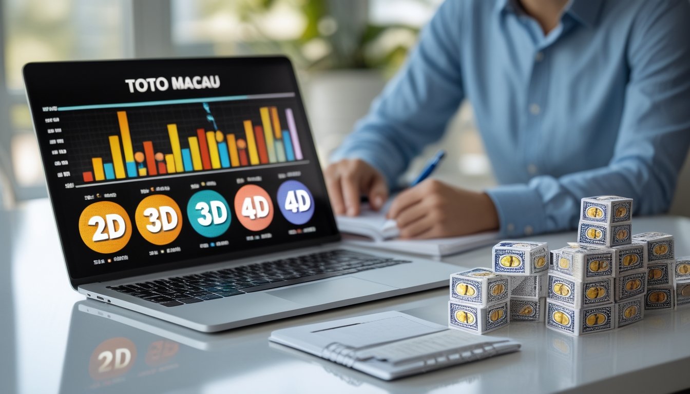 Seorang pria di meja kerja dengan laptop yang menampilkan grafik dan beberapa tiket lotere yang tersusun rapi, sedang menganalisis data.