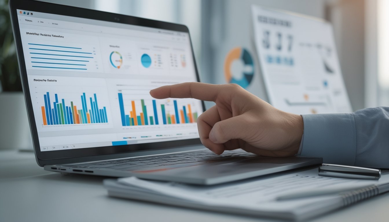 Seorang profesional sedang menganalisis data angka di laptop dengan grafik dan catatan di meja kerja.