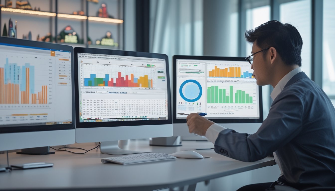 Seorang profesional sedang menganalisis pola angka Toto Macau 2D di depan beberapa layar komputer dengan grafik dan data numerik di sebuah kantor yang terang dan rapi.