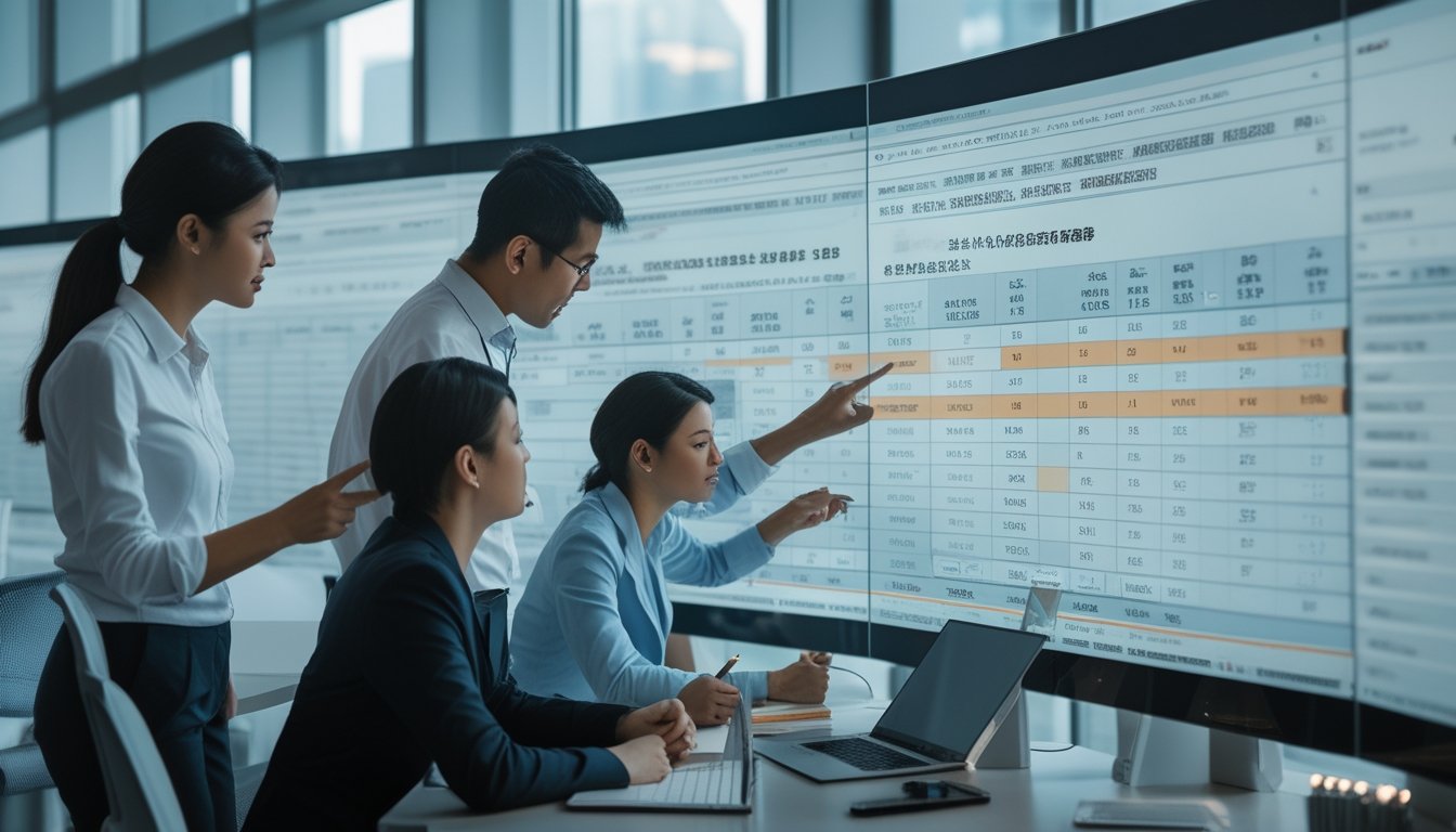 Sekelompok profesional sedang menganalisis data tabel pada layar digital di ruang kantor modern.