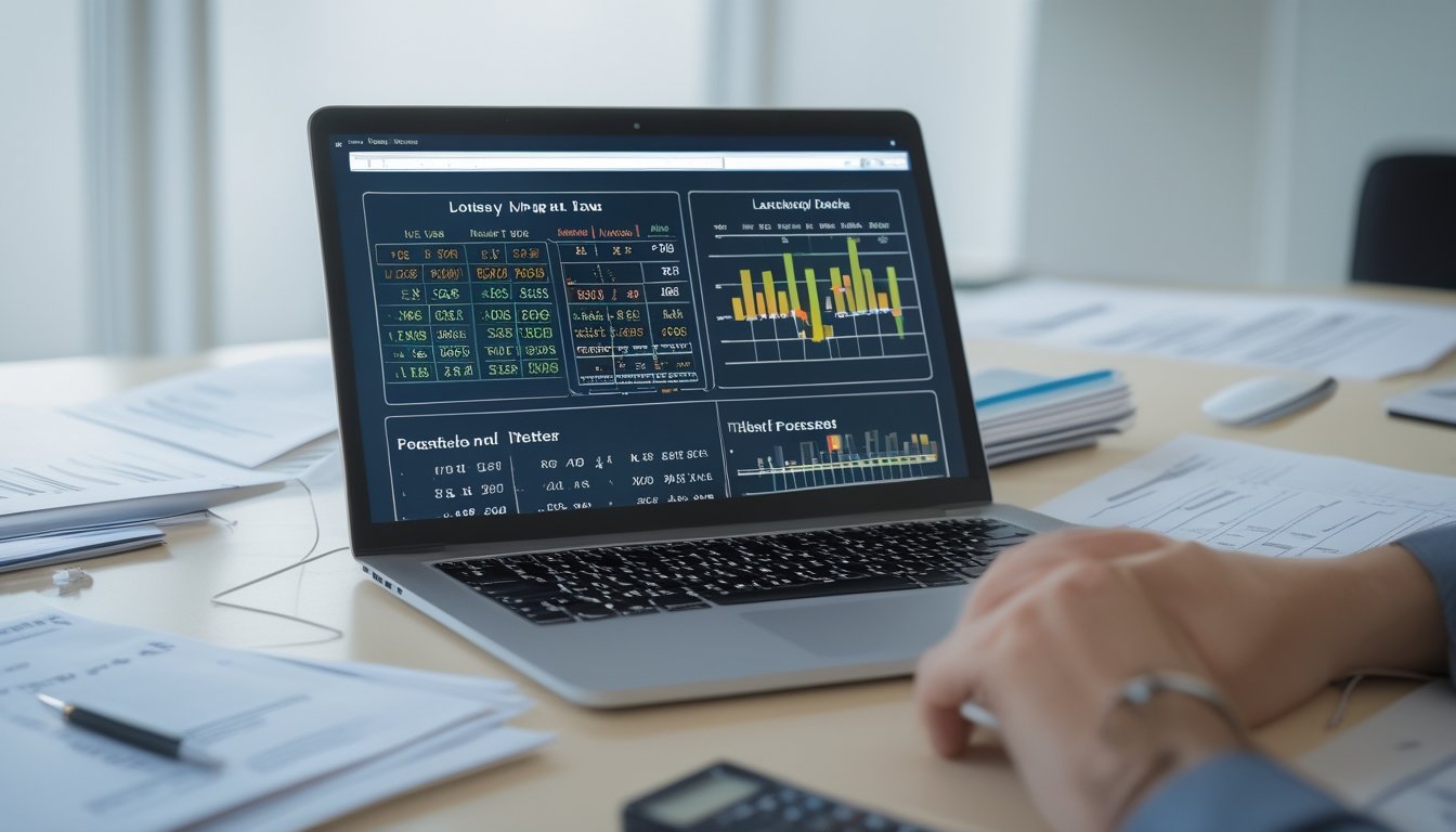 Seorang profesional sedang bekerja di meja dengan laptop yang menampilkan tabel data dan grafik, dikelilingi dokumen dan alat tulis di ruang kantor yang terang.