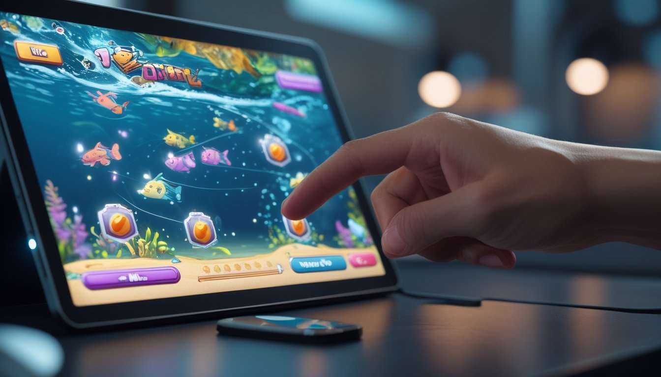 Tangan seseorang menggunakan perangkat digital dengan layar menampilkan permainan menembak ikan berwarna-warni dan ikon power-up.