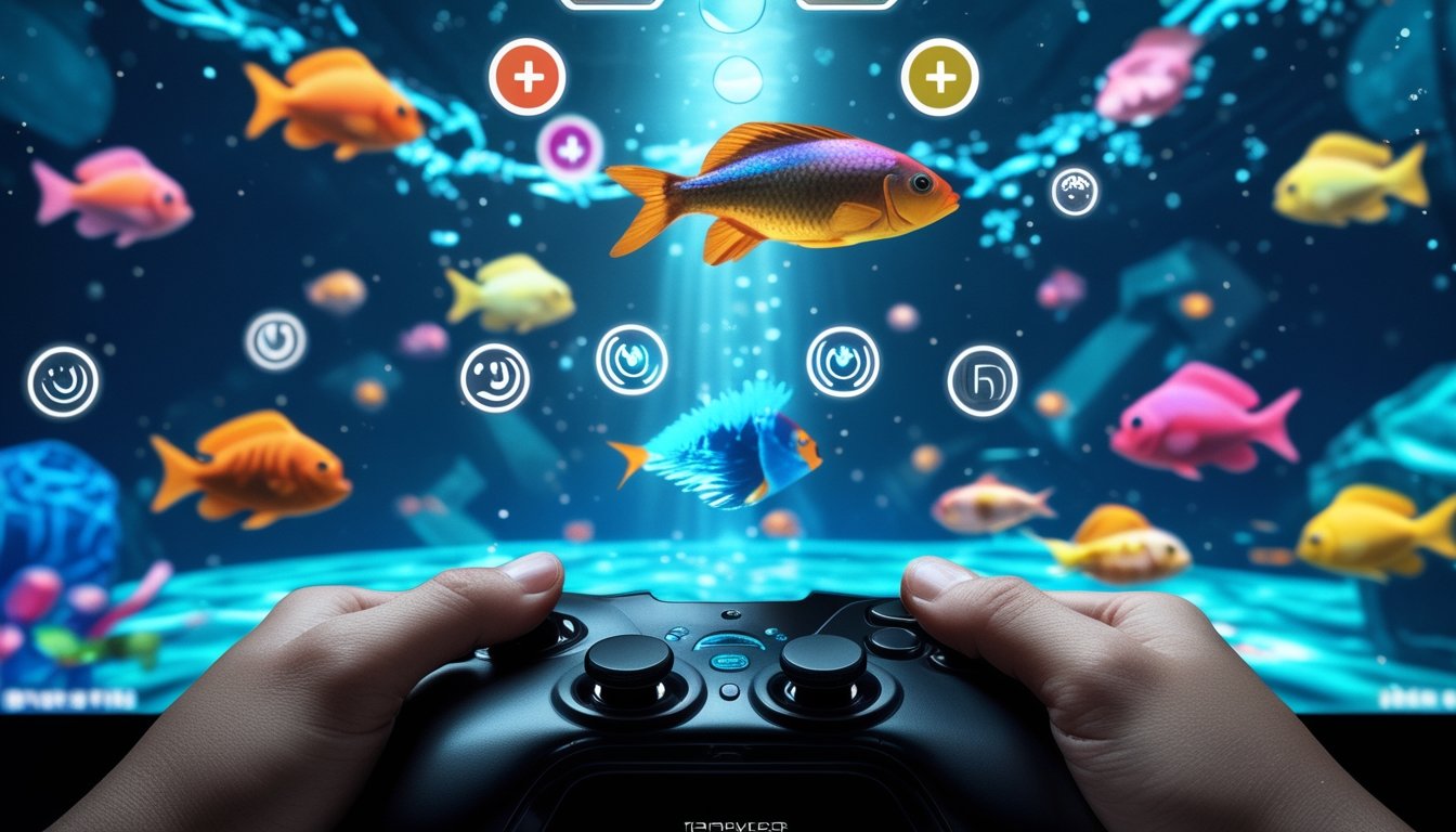 Tampilan permainan tembak ikan dengan berbagai ikan berwarna-warni dan ikon power-up yang menyala di layar, serta tangan pemain yang memegang pengendali permainan.