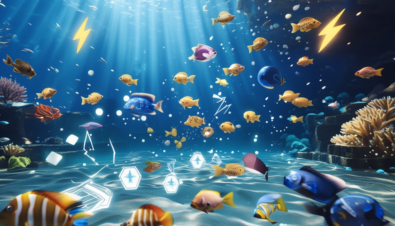 Pemandangan bawah laut dengan ikan berwarna-warni dan ikon power-up yang bersinar di antara terumbu karang dan gelembung air.