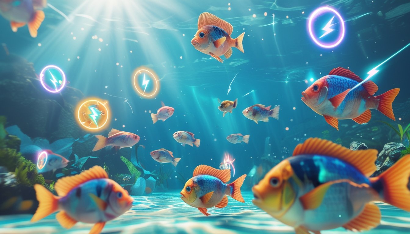 Adegan bawah laut dengan ikan berwarna-warni dan efek power-up yang bersinar di dalam permainan tembak ikan.