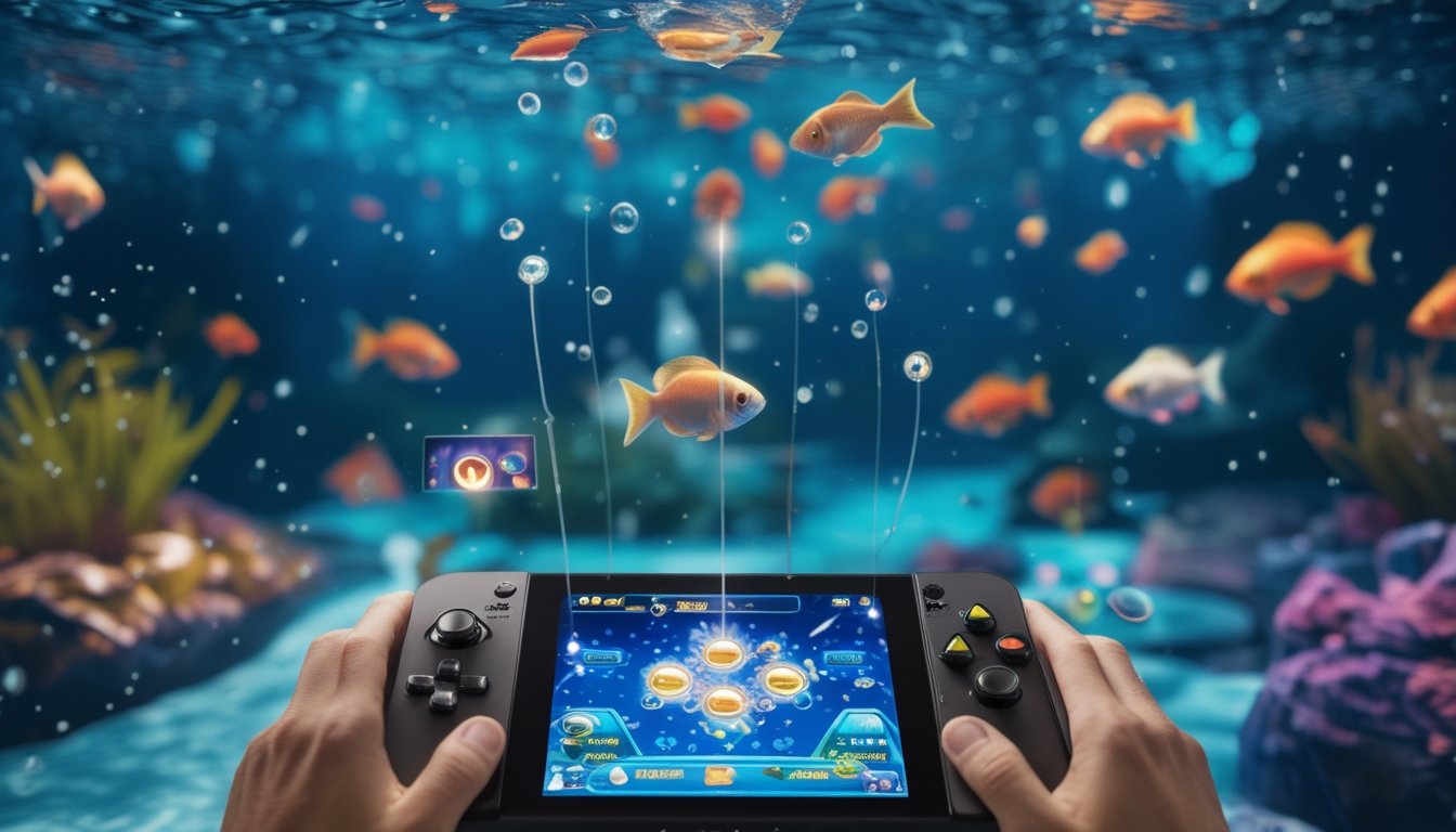 Layar permainan tembak ikan dengan ikan berwarna-warni dan ikon power-up yang menyala, menunjukkan suasana permainan yang dinamis.