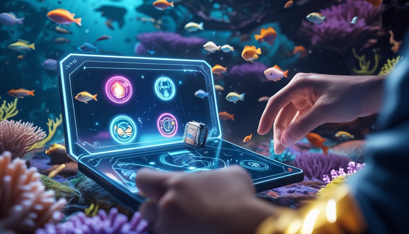 Tangan pemain sedang menggunakan perangkat layar sentuh dengan ikon power-up di latar bawah laut penuh terumbu karang dan ikan berwarna-warni.