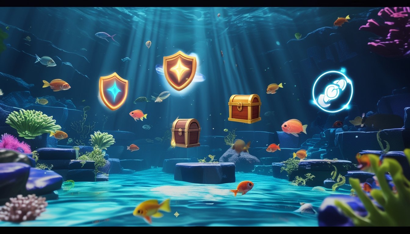 Latar bawah laut dengan ikan berwarna-warni dan beberapa ikon power-up yang melayang, seperti perisai, tembakan cepat, peti harta karun, dan magnet yang menarik koin.