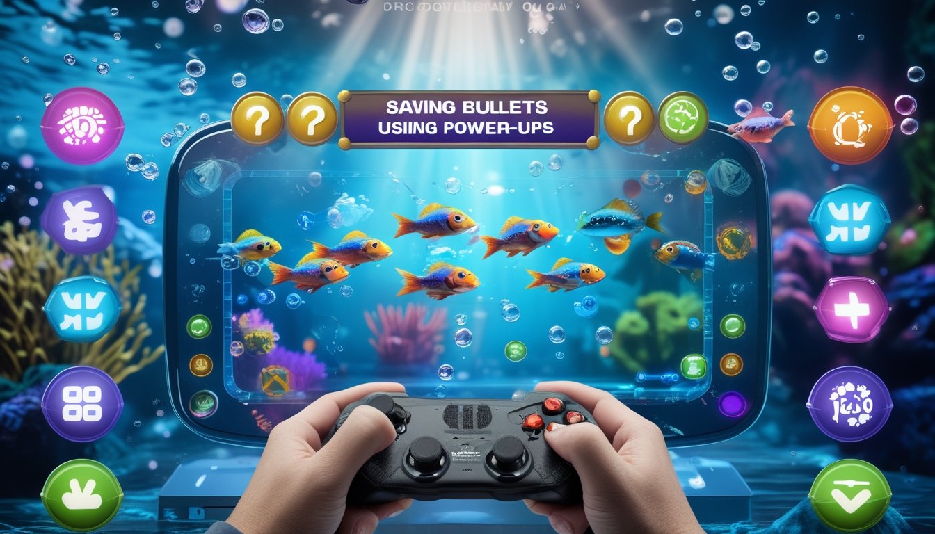 Seorang pemain sedang memainkan game tembak ikan dengan latar belakang bawah laut yang penuh ikan dan ikon power-up yang menyala.