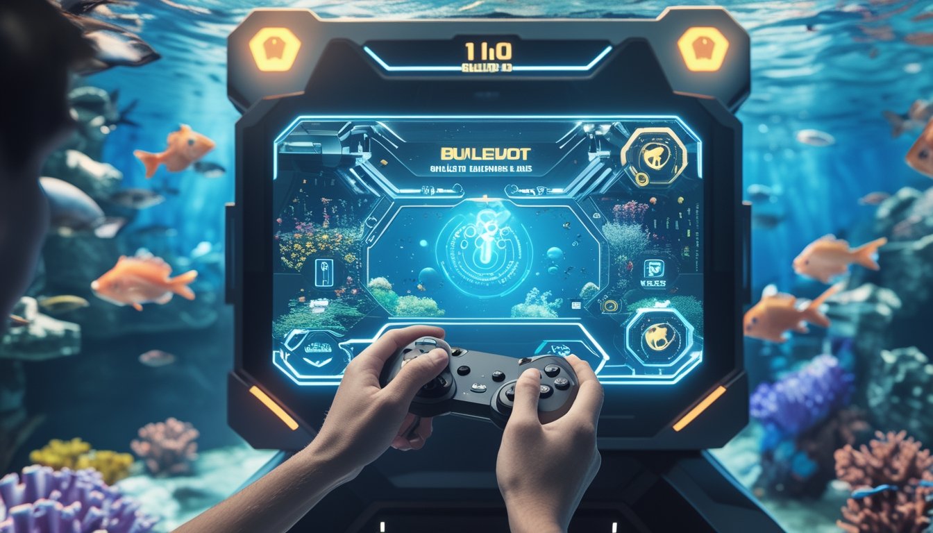 Seorang pemain sedang menggunakan kontroler untuk bermain game menembak ikan di layar dengan latar bawah laut penuh terumbu karang dan ikan warna-warni.