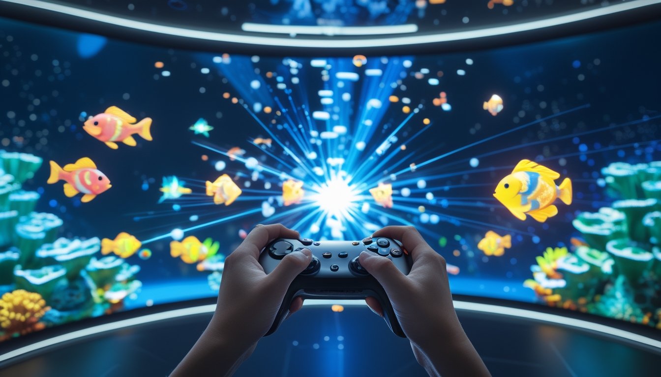 Tangan pemain memegang kontroler game di depan layar besar yang menampilkan ikan warna-warni dan efek cahaya saat power-up diaktifkan dalam permainan tembak ikan.