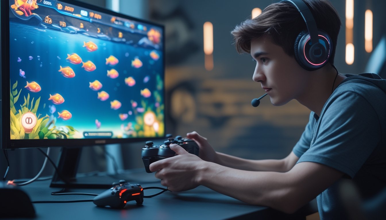 Seorang pemain muda sedang bermain permainan tembak ikan di depan layar komputer dengan ikon power-up yang menyala, menunjukkan suasana fokus dan antusias dalam bermain game.