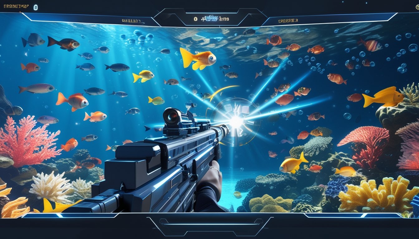 Adegan bawah laut dengan ikan berwarna-warni dan alat tembak futuristik yang menargetkan ikan, menampilkan power-up langka yang bersinar.