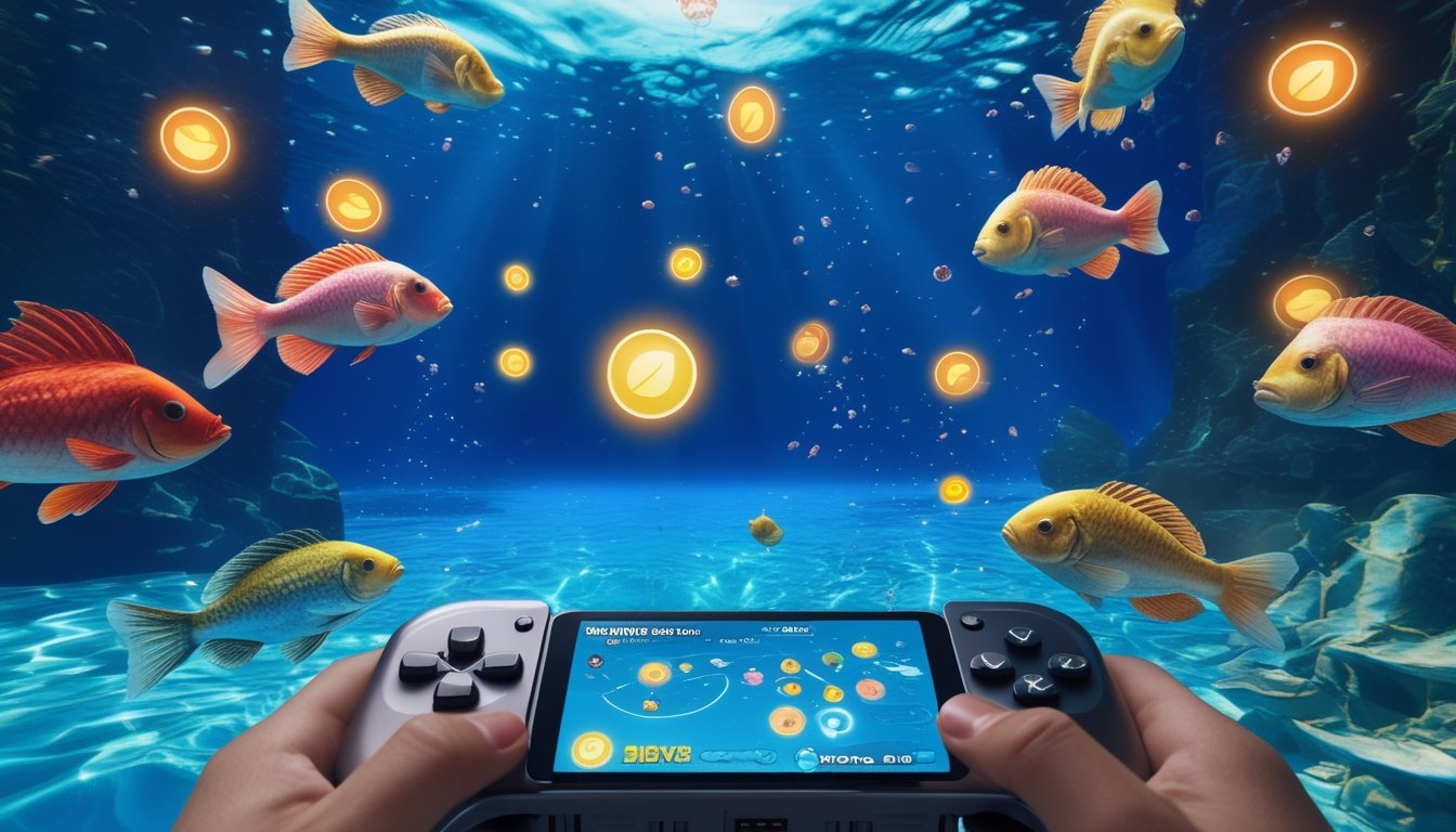 Adegan bawah laut dengan ikan berwarna-warni dan ikon power-up langka mengambang, serta pengendali game modern di latar depan.