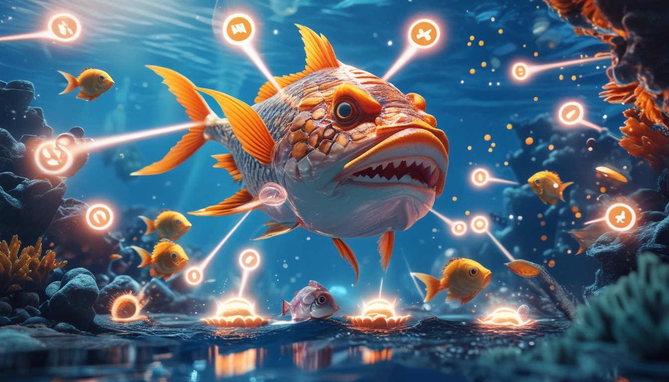 Adegan bawah laut dengan ikan berwarna-warni dan ikan bos besar yang dikelilingi efek cahaya power-up sedang ditembak oleh ikan kecil.