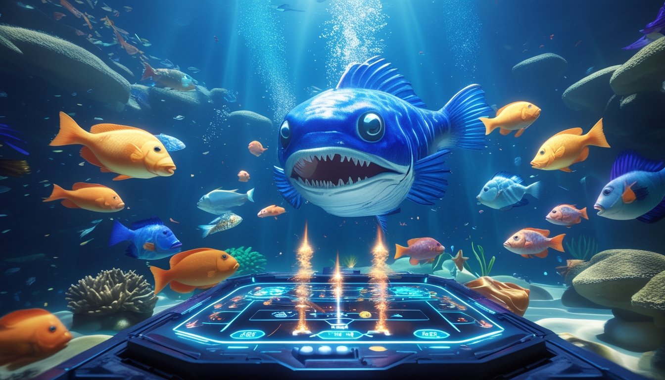Adegan bawah laut dengan ikan-ikan berwarna-warni dan antarmuka permainan digital yang menampilkan ikon power-up dan ikan bos besar.