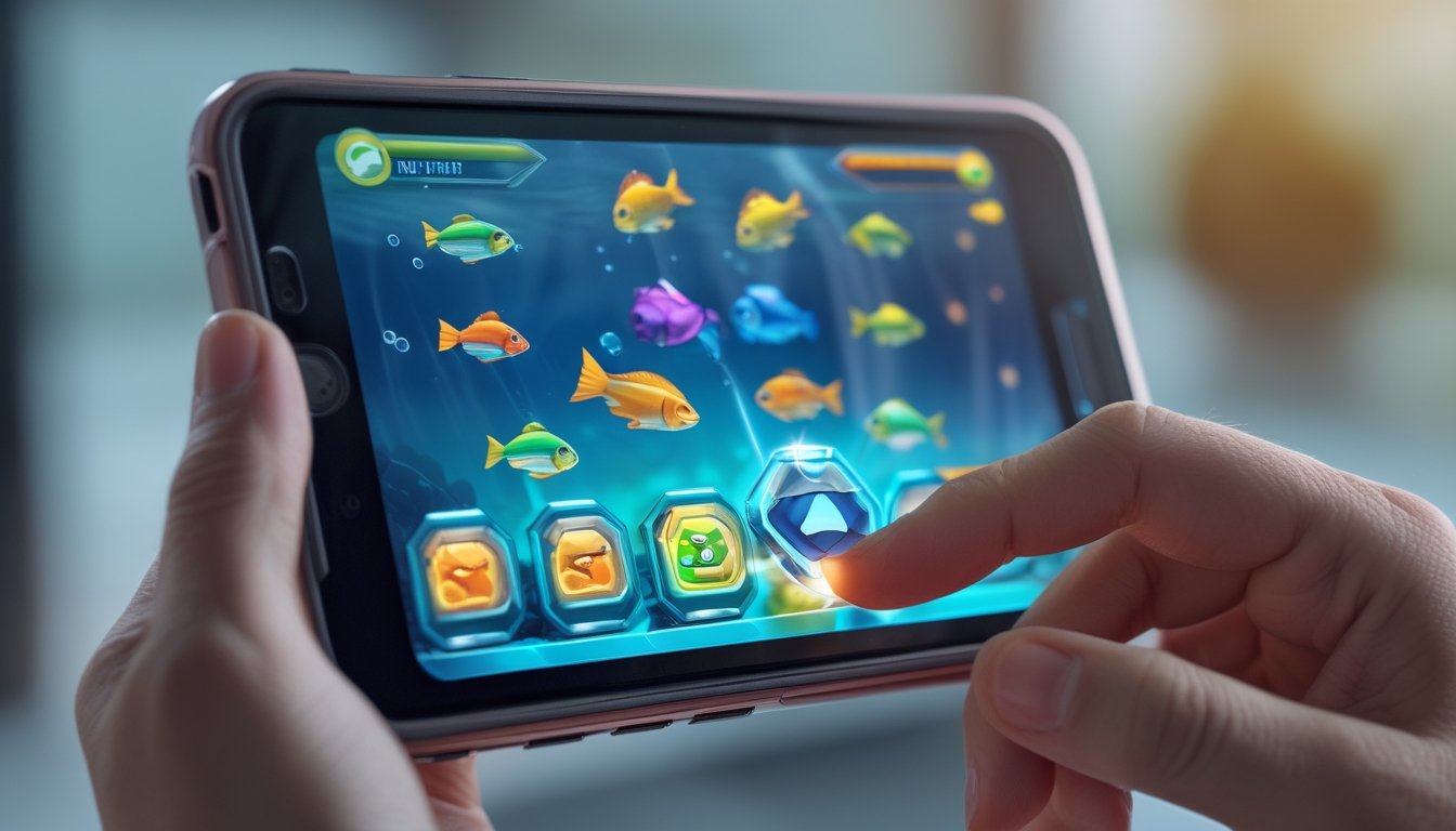 Seorang pemain menggunakan telepon pintar untuk memainkan permainan menembak ikan dengan ikon power-up yang terlihat di layar.