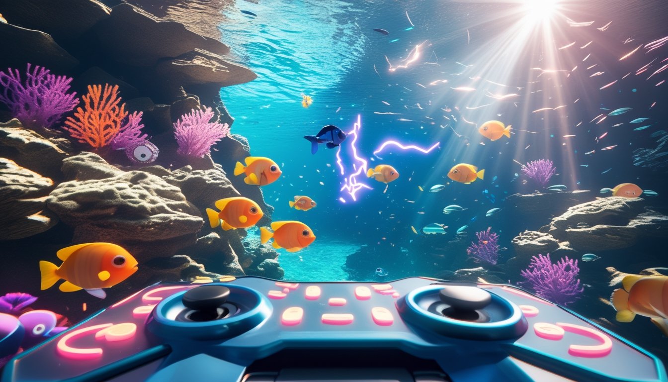 Adegan bawah laut dengan ikan berwarna-warni dan ikon power-up mengambang, serta kontroler permainan di latar depan.