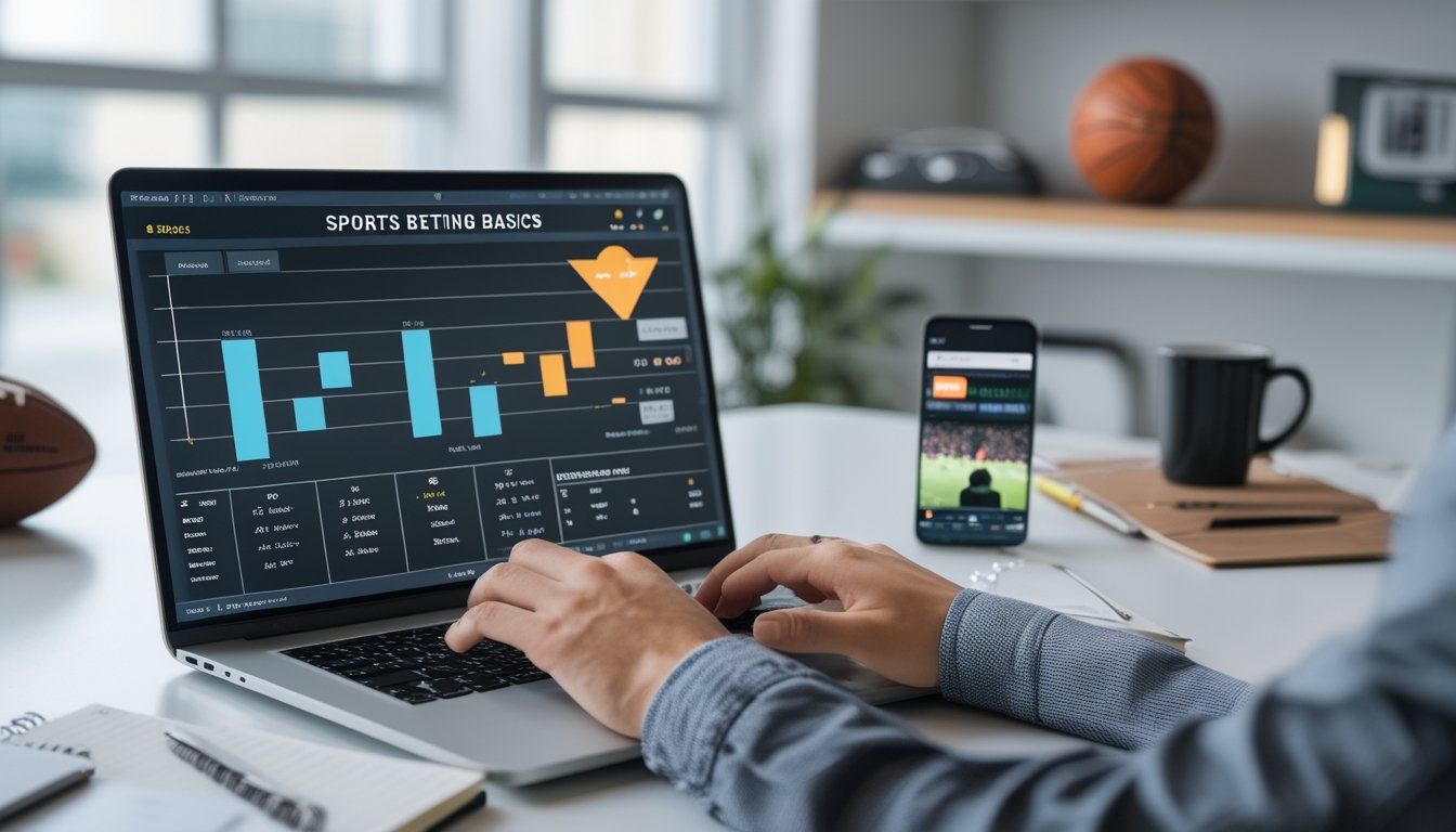 Orang sedang bekerja di meja dengan laptop yang menampilkan statistik olahraga dan taruhan, dikelilingi oleh ponsel, catatan, dan kopi di ruang kantor yang rapi.