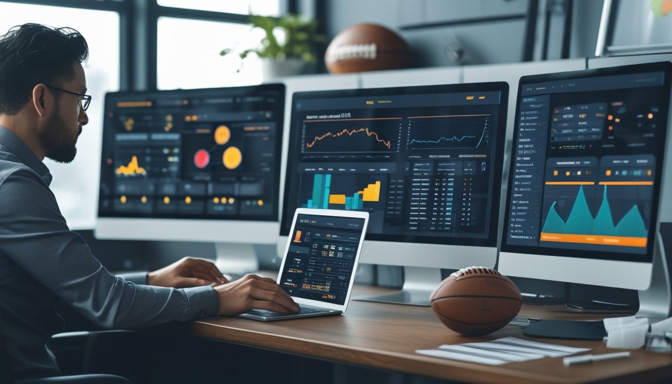 Seorang pria sedang menganalisis data statistik olahraga di depan beberapa layar komputer dengan grafik dan statistik, di meja terdapat bola sepak dan dokumen taruhan.