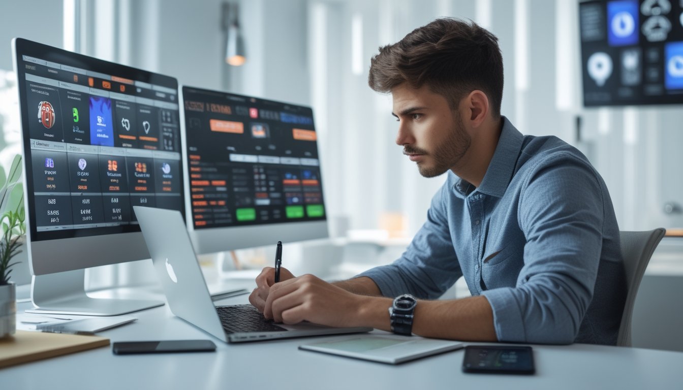 Seorang pria muda serius duduk di meja dengan beberapa layar yang menampilkan informasi taruhan olahraga, sedang menganalisis data dengan fokus.