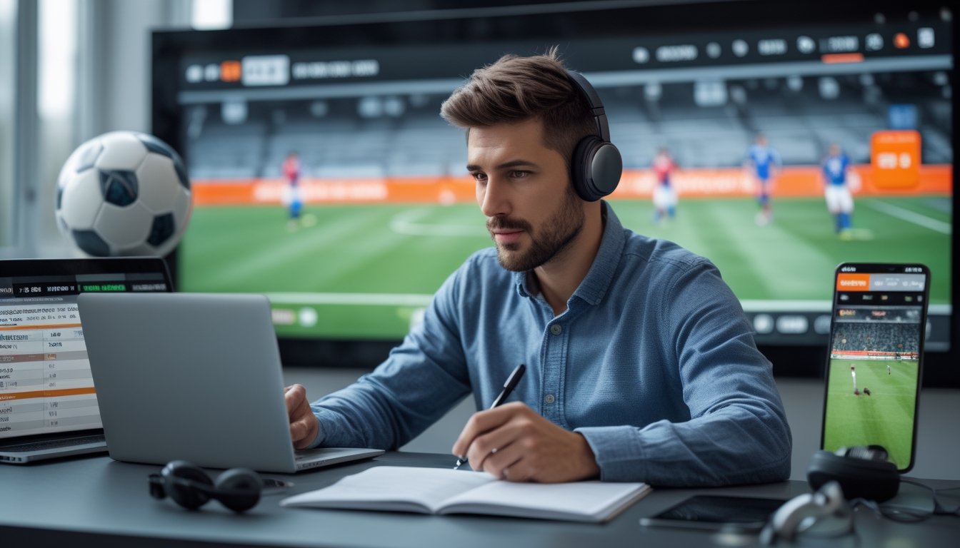 Seorang pria fokus menganalisis strategi taruhan olahraga sepak bola di depan laptop dengan statistik dan grafik, dikelilingi bola sepak bola dan perangkat elektronik.