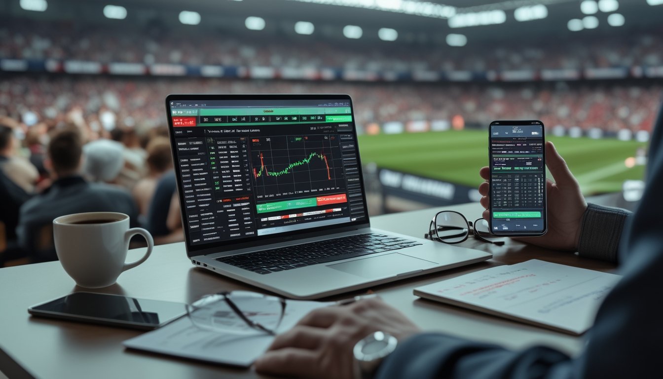 Meja kerja dengan laptop yang menampilkan statistik pertandingan sepak bola dan catatan strategi taruhan, dengan latar belakang stadion sepak bola yang ramai.