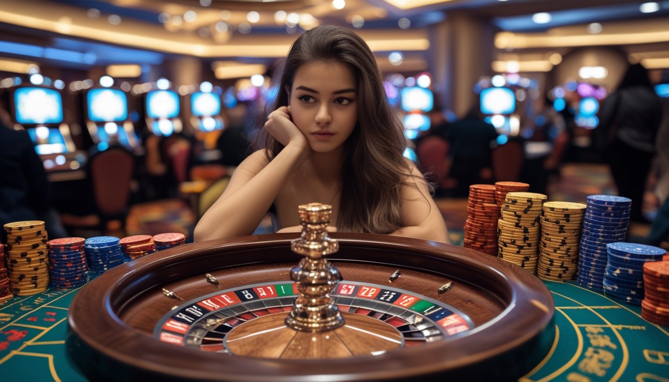 Seorang wanita muda duduk di meja roulette di kasino, tampak fokus mempelajari roda roulette dan tumpukan chip di depannya.