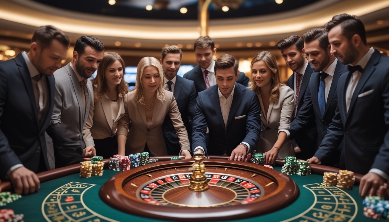 Sekelompok orang berpakaian rapi berkumpul di sekitar meja roulette di kasino, fokus pada permainan dan roda roulette yang sedang berputar.