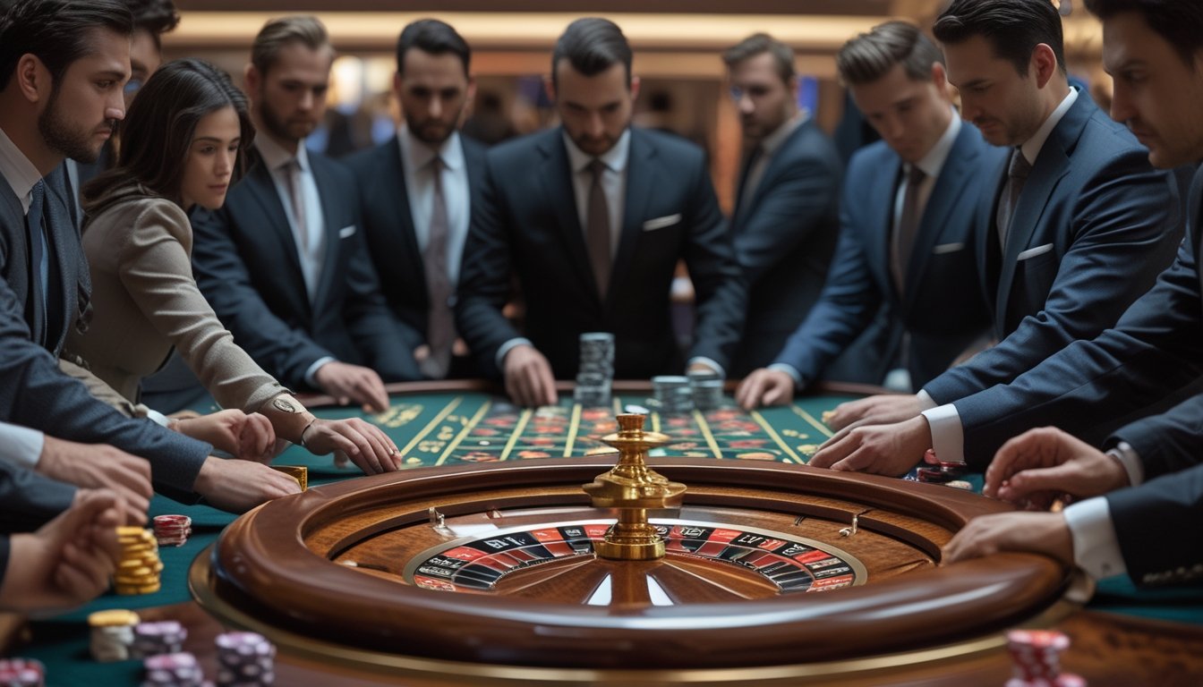 Beberapa pemain serius sedang berkumpul di meja roulette dalam suasana turnamen kasino yang mewah.