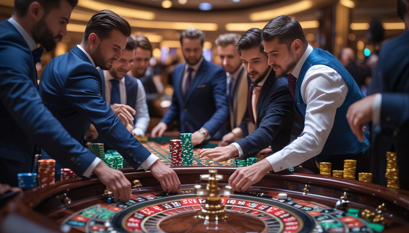 Sekelompok pemain berpakaian rapi sedang berkumpul di sekitar meja roulette yang sedang berputar di dalam kasino.