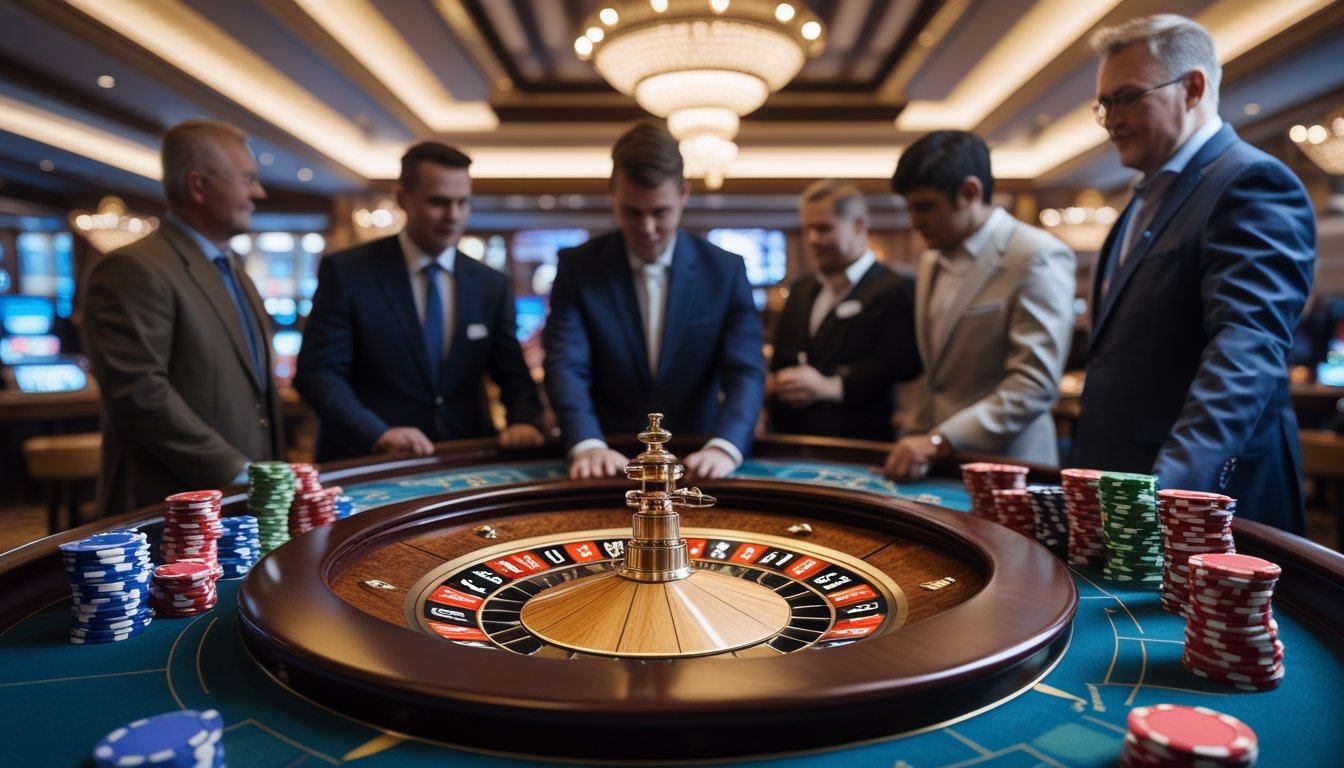 Beberapa pemain berkumpul di sekitar meja roulette di dalam kasino, memperhatikan permainan dengan serius.