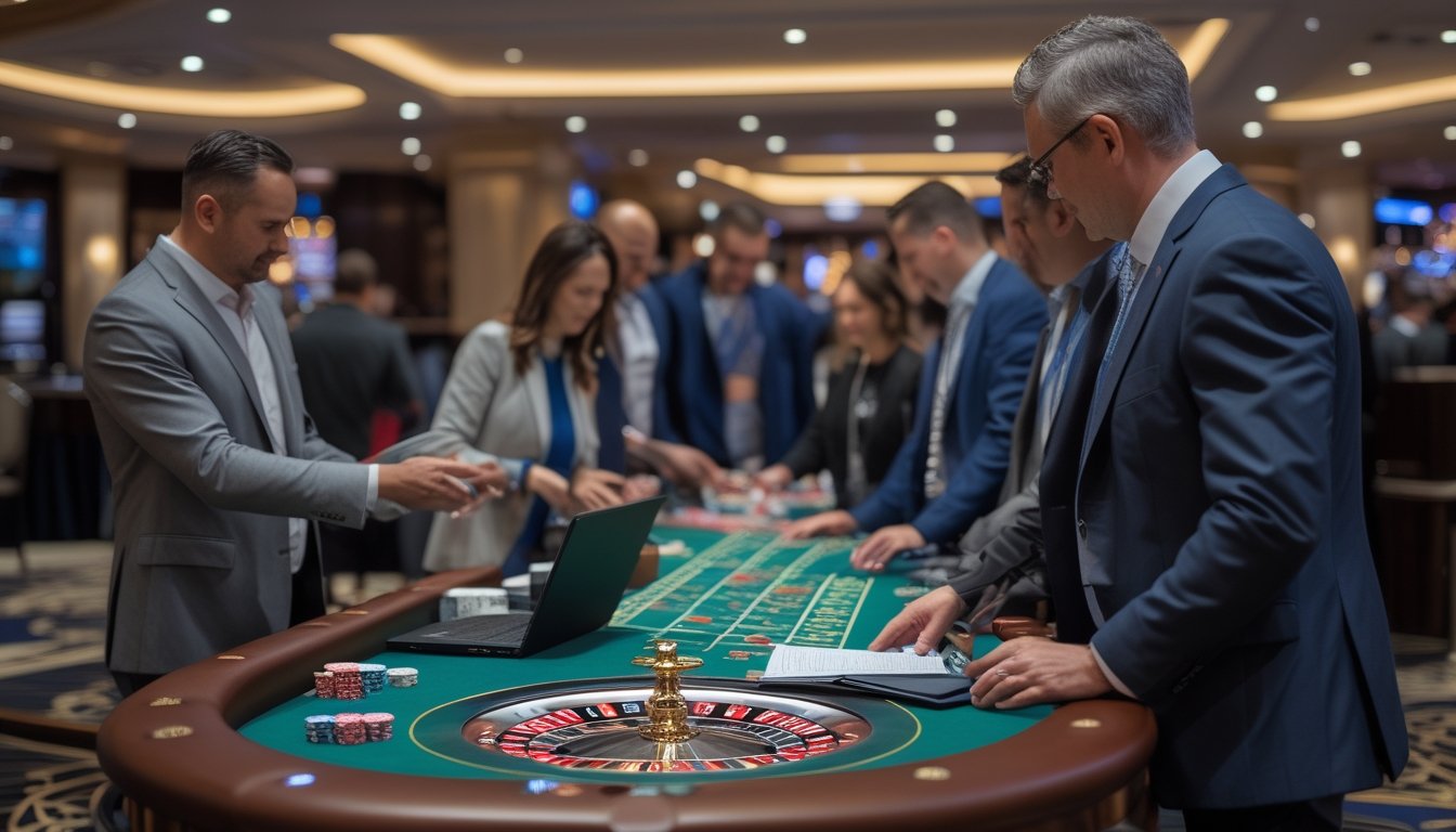 Orang-orang sedang mendaftar dan bersiap di meja roulette di dalam kasino.