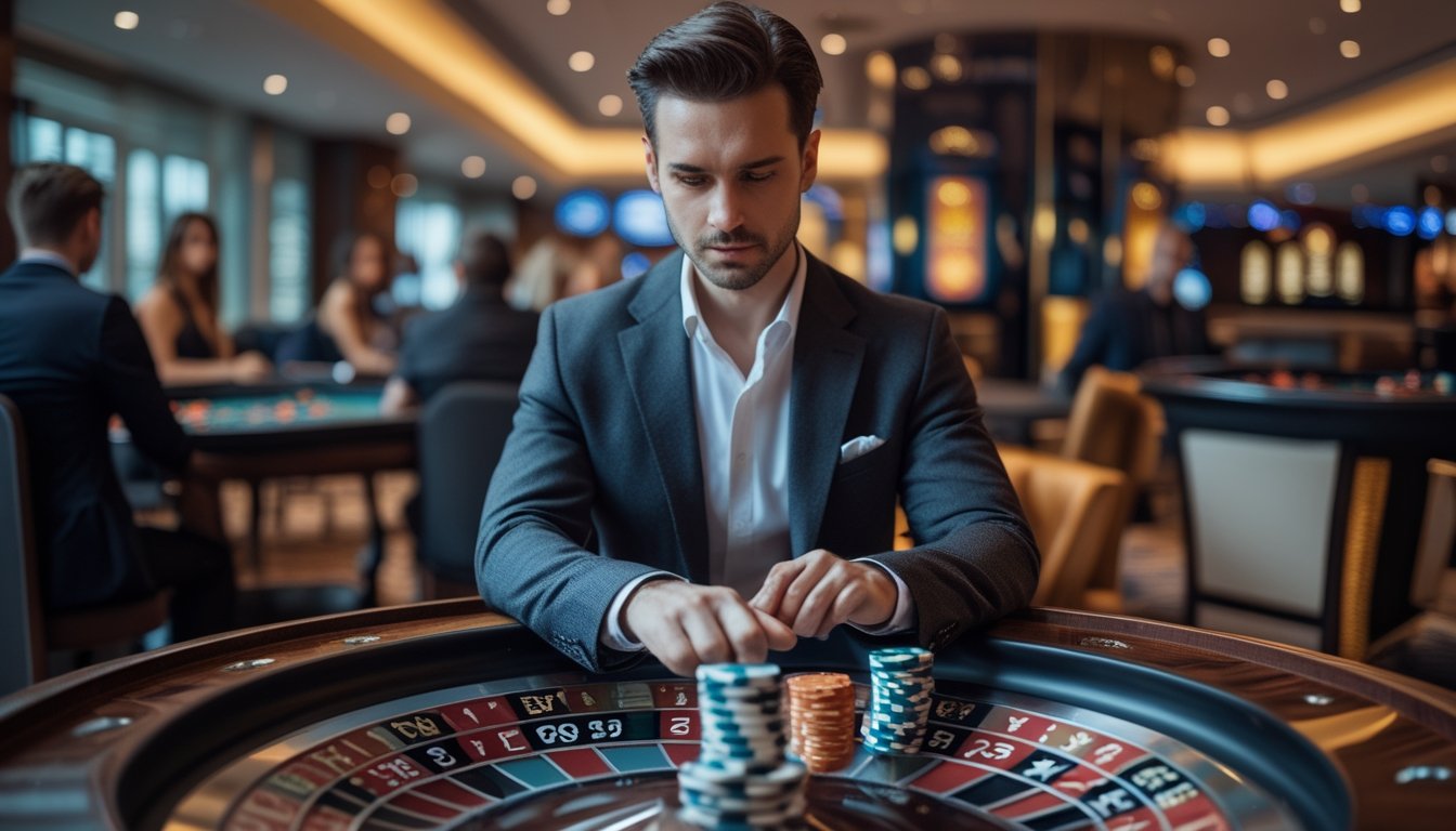 Seorang individu berpakaian rapi duduk di meja roulette di kasino, fokus mengatur strategi dengan chip taruhan di depan dan roda roulette terlihat jelas.